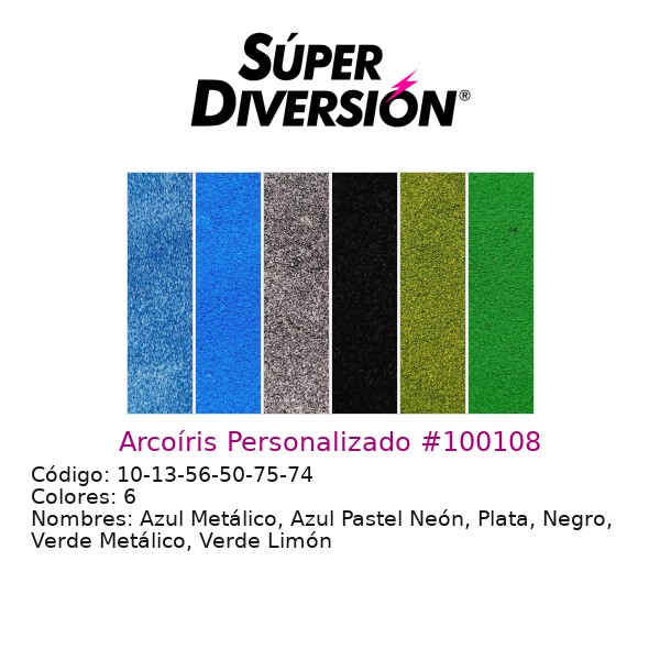 Arcoíris Personalizado: Azul Metálico, Azul Pastel Neón, Plata, Negro, Verde Metálico, Verde Limón