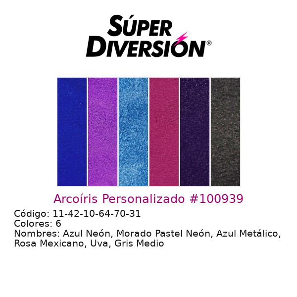 Arcoíris Personalizado: Azul Neón, Morado Pastel Neón, Azul Metálico, Rosa Mexicano, Uva, Gris Medio