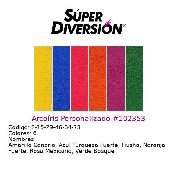 Arcoíris personalizado de maquillaje base agua con colores Amarillo Canario, Azul Turquesa Fuerte, Fiusha, Naranja Fuerte, Rosa Mexicano, Verde Bosque