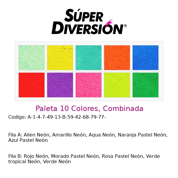 Paleta 10 Colores, Combinada: Alien Neón, Amarillo Neón, Aqua Neón, Naranja Pastel Neón, Azul Pastel Neón | Rojo Neón, Morado Pastel Neón, Rosa Pastel Neón, Verde tropical Neón, Verde Neón