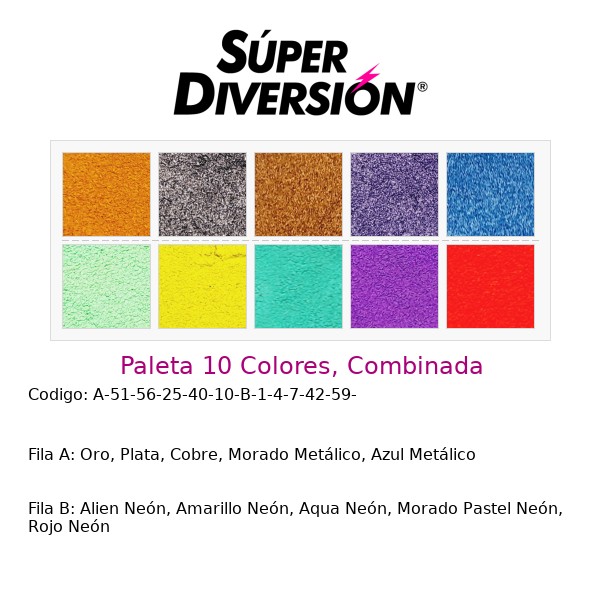 Paleta 10 Colores, Combinada: Oro, Plata, Cobre, Morado Metálico, Azul Metálico | Alien Neón, Amarillo Neón, Aqua Neón, Morado Pastel Neón, Rojo Neón