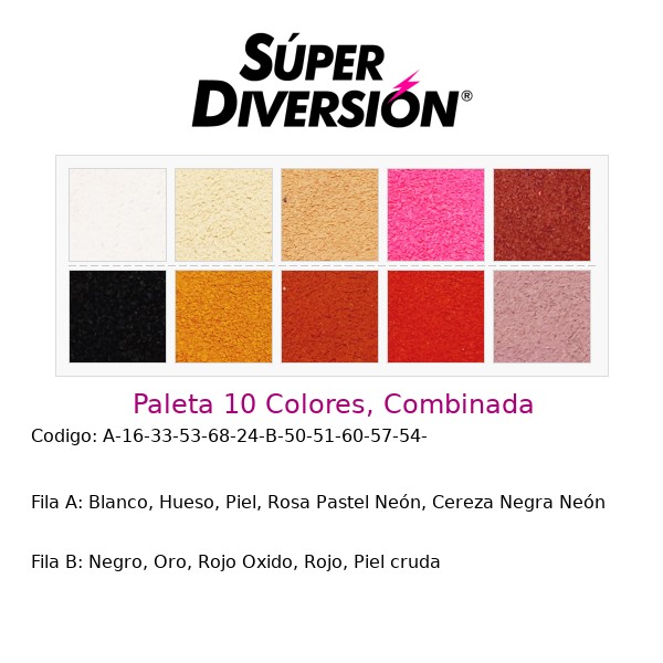 Paleta 10 Colores, Combinada: Blanco, Hueso, Piel, Rosa Pastel Neón, Cereza Negra Neón | Negro, Oro, Rojo Oxido, Rojo, Piel cruda