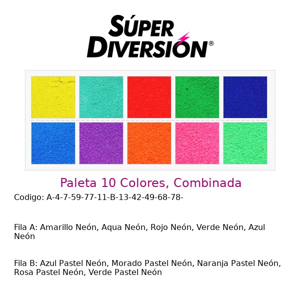 Paleta 10 Colores, Combinada: Amarillo Neón, Aqua Neón, Rojo Neón, Verde Neón, Azul Neón | Azul Pastel Neón, Morado Pastel Neón, Naranja Pastel Neón, Rosa Pastel Neón, Verde Pastel Neón