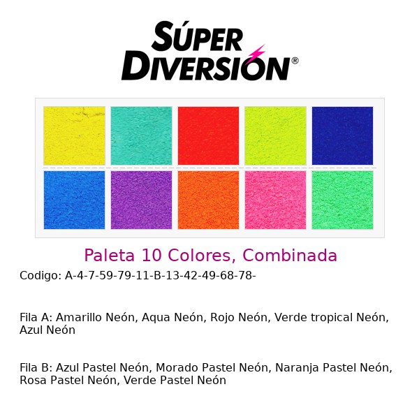 Paleta 10 Colores, Combinada: Amarillo Neón, Aqua Neón, Rojo Neón, Verde tropical Neón, Azul Neón | Azul Pastel Neón, Morado Pastel Neón, Naranja Pastel Neón, Rosa Pastel Neón, Verde Pastel Neón