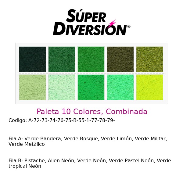Paleta 10 Colores, Combinada: Verde Bandera, Verde Bosque, Verde Limón, Verde Militar, Verde Metálico | Pistache, Alien Neón, Verde Neón, Verde Pastel Neón, Verde tropical Neón