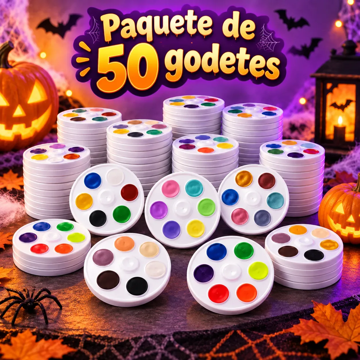 Paquete Completo - 50 Godetes (10 Básico, 10 Pastel, 10 Calavera, 10 Neón y 10 Metálico). Cont. Net. 30g cada godete