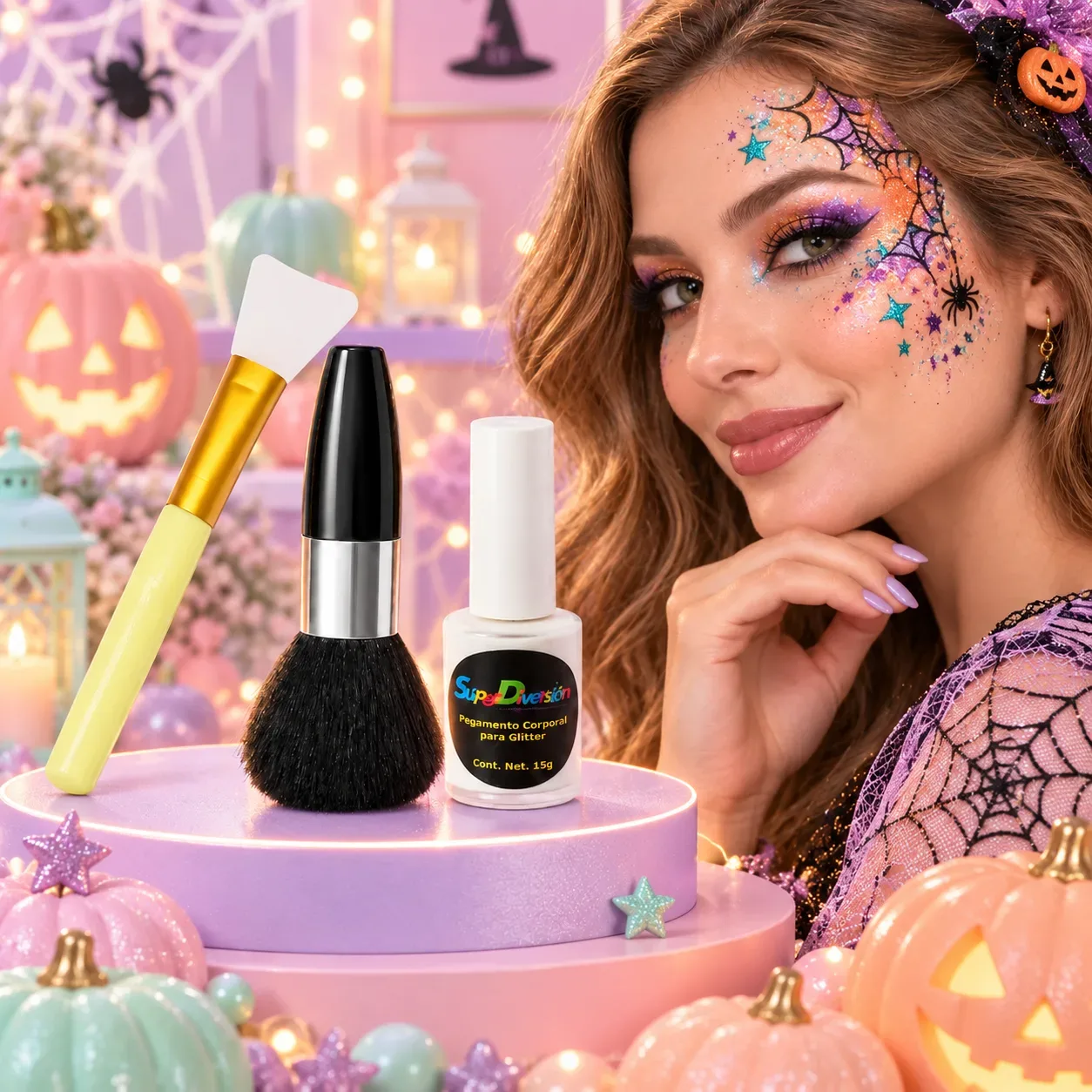 Complementos Glitter. Contiene Aplicador de Silicón, Mini brocha y Pegamento Glitter